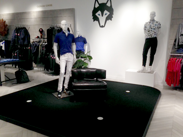 Custom retail carpet installation for Greyson Clothiers at Saks Fifth Ave. Downtown NYC by Sutton Carpet.